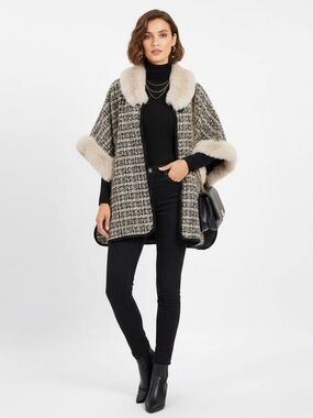 Vince Camuto Faux Fur Trim Tweed Poncho Cape Shawl Wrap – NWOT